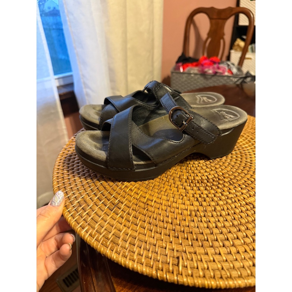 Dansko Black Leather Wedge Sandals Crisscross Buckle Slide Platform Womens 37